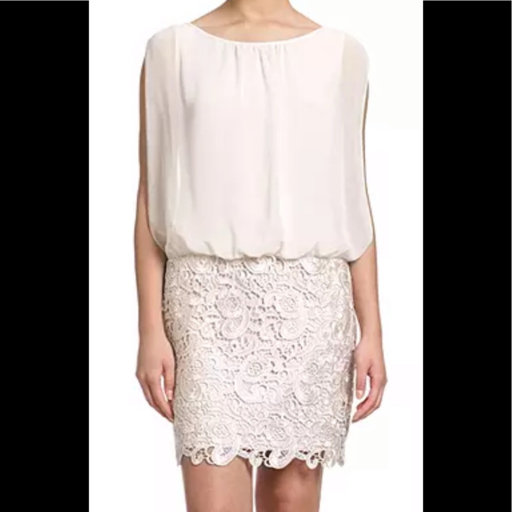 Aidan Mattox Blouson cocktail dress with lace skirt, xs, champagne color